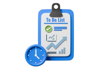 3d to do list clipboard with clock icon. productivity time concept. Minimal cartoon checklist planner tasklist clock for productivity app banner. isolated on white background. 3d render.