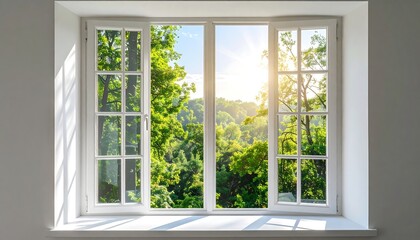Sunlight streams through a white window, showcasing a verdant landscape