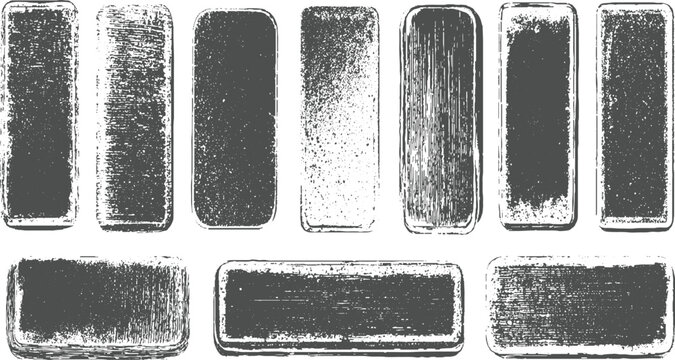 A collection of grey rectangular shapes with various distressed and textured appearances on a white background.