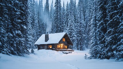 Cozy Winter Cabin Retreat SnowCovered Log Home in Forest with Warm Glowing Windows