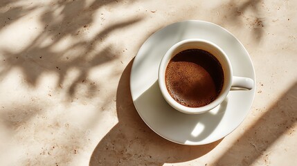 Cup of dark coffee on a saucer with shadows on marble surface