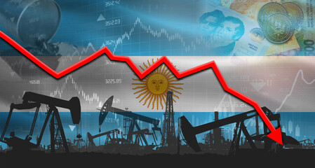 Fall oil price with flag of Argentina on economic chart, Petrol crisis with Argentina flag on financial graph