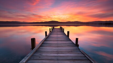 Dock Reaching into Lake Reflecting Fiery Sunset over Distant Hills