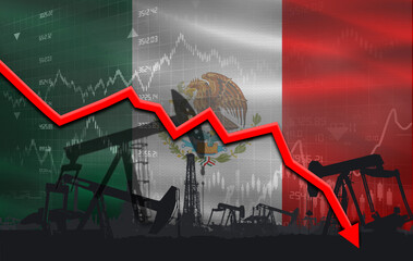 Petroleum crisis with Mexico flag on financial graph. Fall oil price with flag of Mexico on...