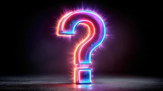 A radiant neon question mark illuminates a dark, textured surface, with electrifying edges