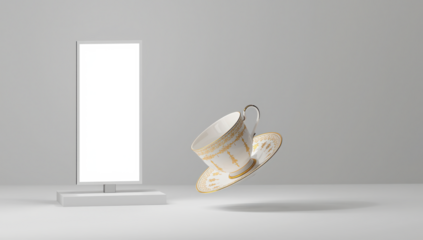 Transparent a decorative teacup and saucer suspended in midair, with a blank vertical display screen in the background mockup 
