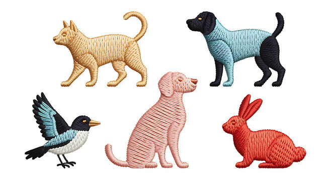 Embroidered Animals Dog Cat Bird and Rabbit on a Transparent Background