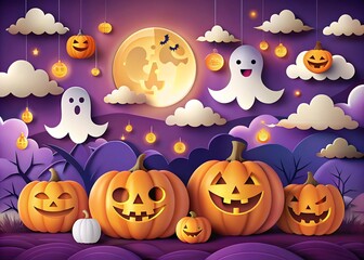 Whimsical halloween scene with glowing jack o lanterns and friendly ghosts under a full moon