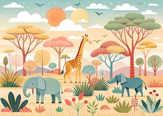 Vibrant african savannah landscape with giraffe and elephants under a warm sky