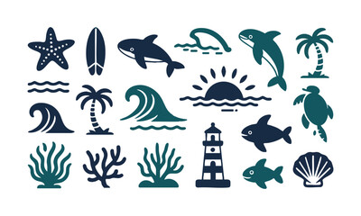 Summer Beach Symbols — Palm Trees, Waves and Sea Life Vector illustration Set.
