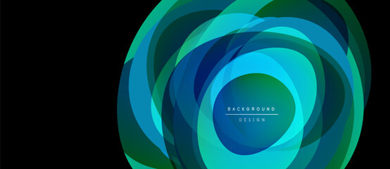 Abstract layered shapes create vibrant circular design. Blue, green hues dominate composition. Text reads background design.
