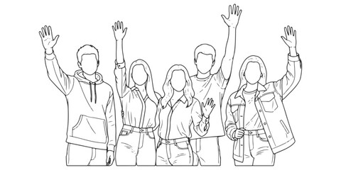 CAD Drawing. Outline Set of students standing with raised arms celebrating achievement isolated on white background. Front view. Vector illustration.