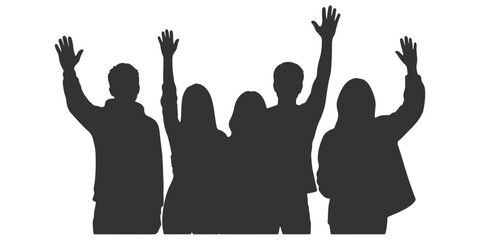 CAD Drawing. Silhouette Set of students standing with raised arms celebrating achievement isolated on white background. Front view. Vector illustration.