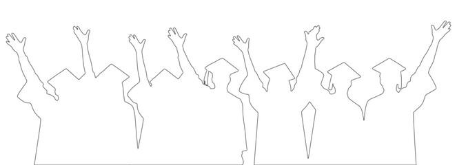 CAD Drawings. Outline Set of students celebrating graduation isolated on white background. Front view. Vector illustration.