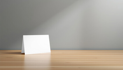 Transparent a blank white greeting card standing on a wooden table with sunlight casting a shadow on the wall mockup