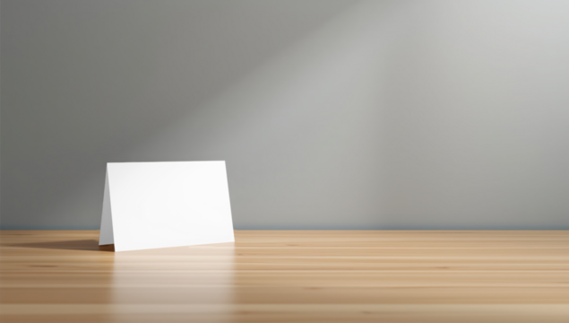 Transparent a blank white greeting card standing on a wooden table with sunlight casting a shadow on the wall mockup