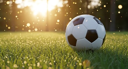 Naklejka premium A classic soccer ball rests in lush green grass illuminated by sunlight