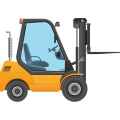 Orange forklift truck with blue tinted windows and black forks on a transparent background showcasing industrial machinery for logistics and material handling