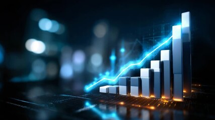3d bar chart with glowing blue line graph showing upward trend - Powered by Adobe