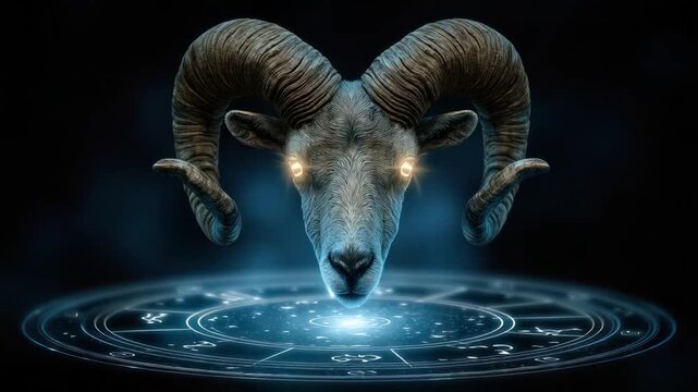 A ram's head with glowing eyes hovers above a glowing zodiac circle on a dark blue background