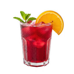 Refreshing red cocktail with orange slice and mint isolated on transparent background