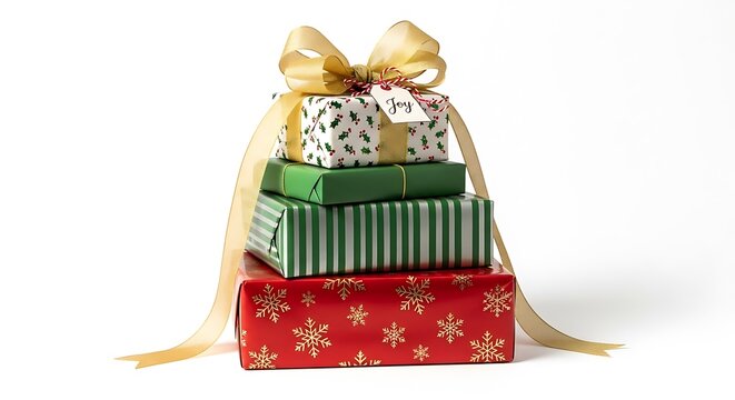 A stack of Christmas presents is tied with a golden ribbon and bow on a white background. - Powered by Adobe