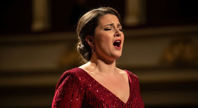 Caucasian female opera singer performing in red dress on stage - Powered by Adobe