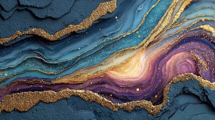 Abstract marble texture with soft gold, dark blue, and purple lines, elegant flowing patterns and luxurious surface design, suitable for modern backgrounds or artistic decoration.