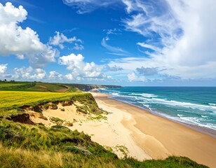 Sunny coastal landscape with a vast beach and dramatic cliffs