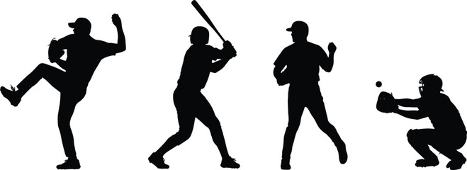 Baseball silhouettes, pitcher throwing, batter ready, catcher crouching, fielder posing, dynamic sports action, athletic movement, team roles, vector illustration, black figures