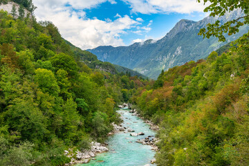 Green landscape with high mountains and the Isonzo River flowing between green slopes, Slovenia.