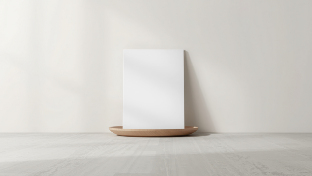 Transparent blank white paper or card leaning against a neutral wall on a wooden surface mockup 