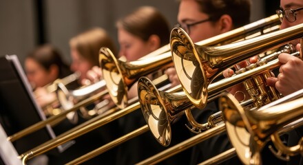 Obraz premium Brass band performance with young caucasian musicians playing trumpets