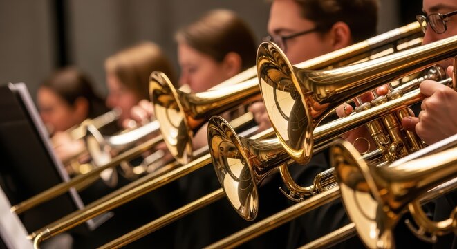 Brass band performance with young caucasian musicians playing trumpets