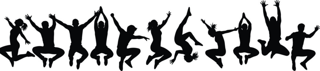 Jumping people silhouette set, black vector illustration, energetic poses, active movement, expressive body shapes, dynamic motion, freedom, excitement, dance, celebration