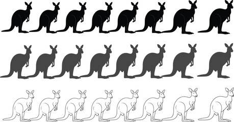 Kangaroo silhouette and line art set, black and white vector illustration, animal motion sequence, wildlife design, jumping marsupial graphic collection