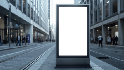 Transparent blank digital billboard screen on a city street with tram tracks and blurred pedestrians, advertising space mockup 