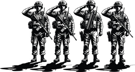 Soldier silhouettes saluting, military uniform, tactical gear, rifle pose, black vector illustration, combat stance, ceremony respect, army personnel icons