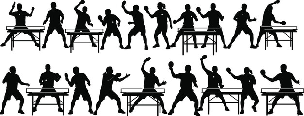 Table tennis silhouette set, black vector illustration, players in action, serving, rallying, returning shots, fast-paced movement, sports icon, ping pong match