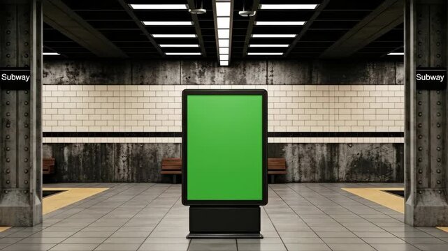 Empty Subway Station Platform with Green Screen Advertising Billboard, Urban Transportation Hub, Interior with Tiles, Lights, Benches and Columns, Advertising Mockup 4K Video