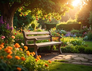 Sunlit garden bench, vibrant flowers