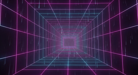 A deep, three-dimensional geometric grid stretching into a dark, foggy abyss. Lines illuminated with vibrant magenta and cyan neon, digital rain effect, low-angle perspective. High-contrast, vaporwave