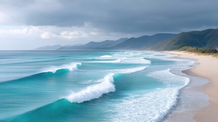 Fototapeta premium Expansive Turquoise Ocean Waves Gently Rolling onto a Sandy Beach Under a Dramatic Cloudy Sky with Distant Green Hills and a Serene Coastal Horizon