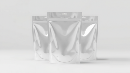 Transparent three empty, white, shiny pouches with hang tabs arranged closely together mockup