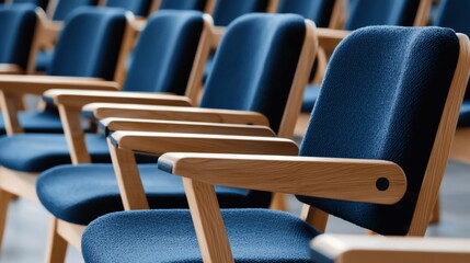 Obraz premium Rows of Blue Upholstered Chairs with Wooden Frames in Auditorium