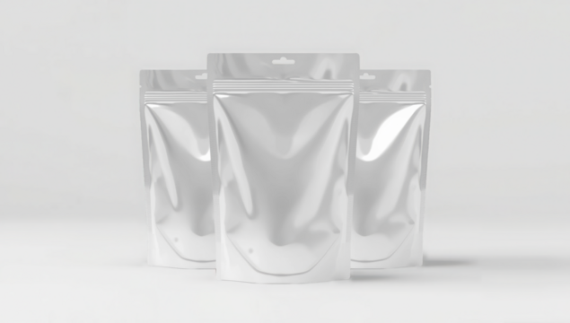 Transparent three empty, white, shiny pouches with hang tabs arranged closely together mockup