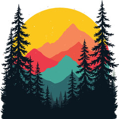 Pine forest winter landscape vector illustration with snow and Christmas trees