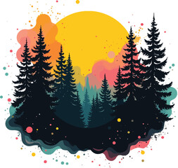 Christmas tree and fir forest landscape illustration with falling snowflakes for a winter holiday decoration card