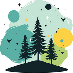 A serene winter forest landscape with snow-covered pine trees and a festive Christmas illustration for a holiday card