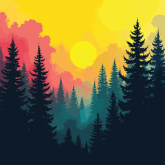 A misty winter forest landscape with pine trees silhouetted against a sunrise sky